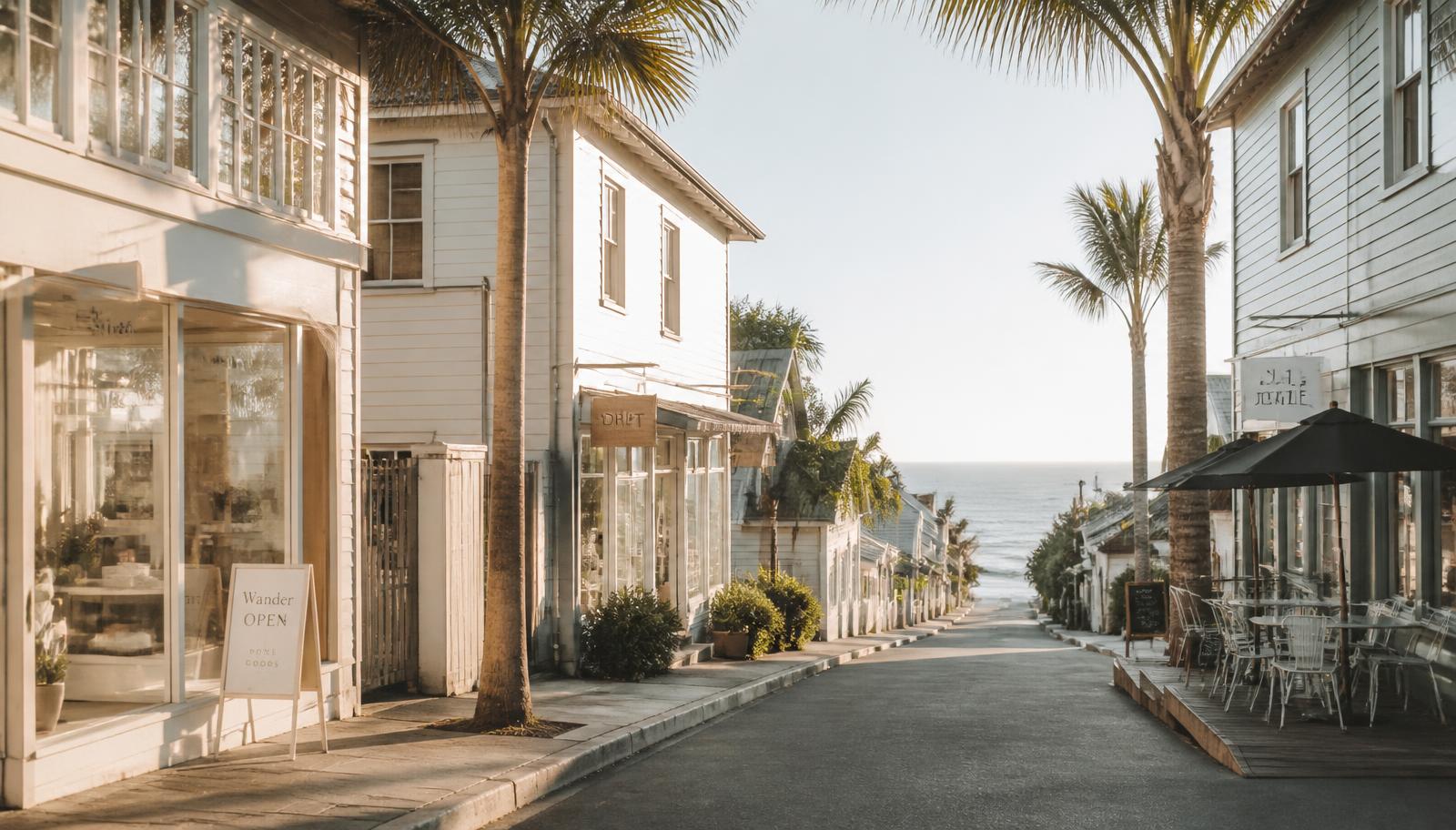 A quiet coastal main street of whitewashed independent shopfronts with the ocean at the end