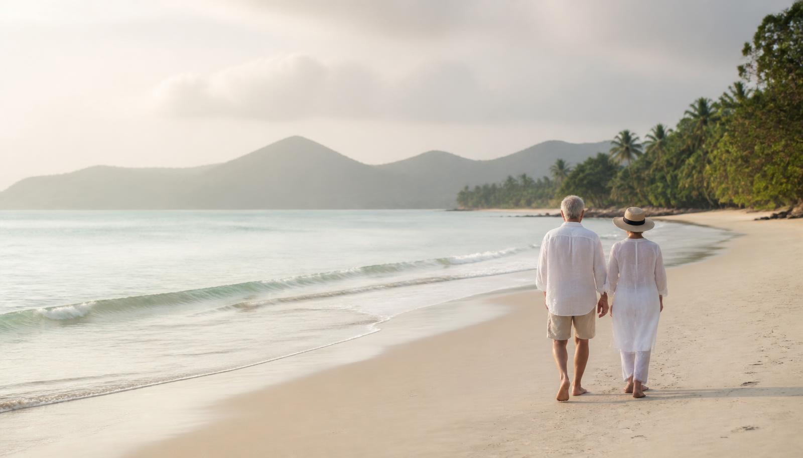 An older couple walking hand in hand along a calm Queensland beach at soft morning light