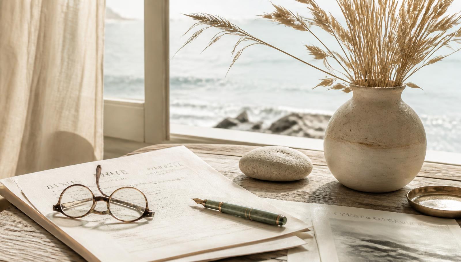Papers, reading glasses and a pen on a driftwood table beside a window looking out to the sea